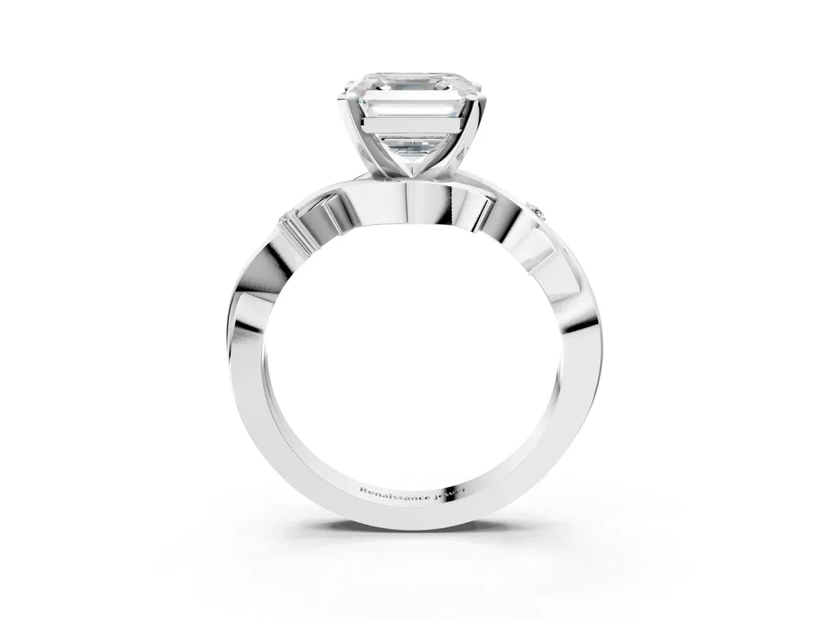 Asscher Cut Diamond Solitaire Ring with Twisted Band and Prong Setting White gold