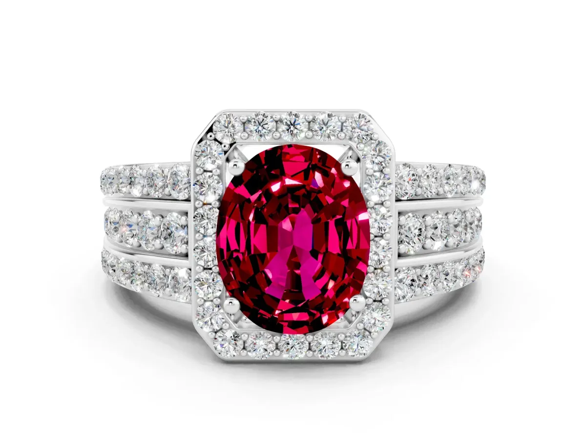 Oval Cut Halo Garnet Ring with Round Split Shank and Prong Setting Platinum