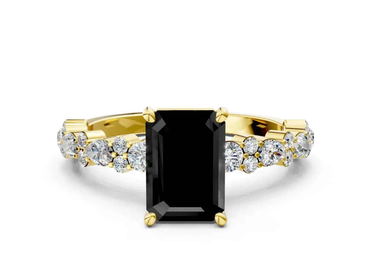 Fancy Black Emerald Cut Diamond Side Stone Solitaire Ring with Round and Four-Prong Setting Yellow gold