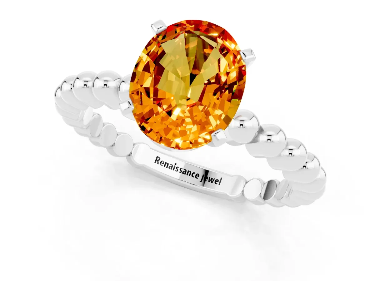 Oval Cut Citrine Solitaire Ring with Beaded Band and Prong Setting Silver