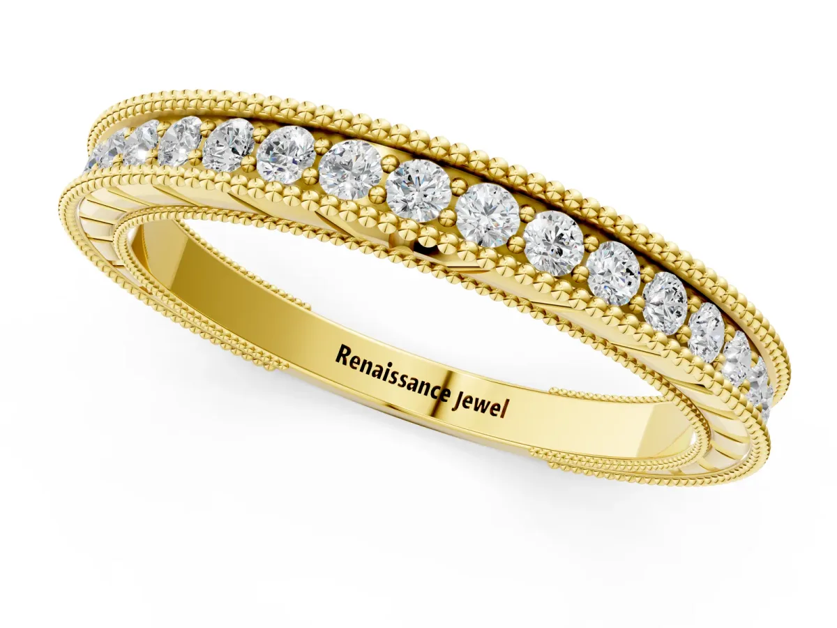 Round Cut Diamond Milgrain Eternity Band with Channel Setting Yellow gold