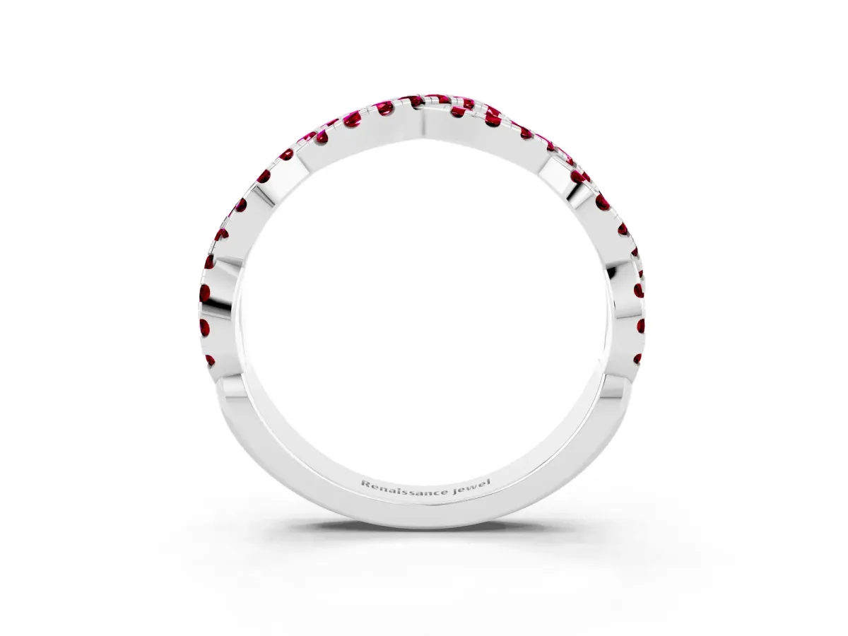 Round Garnet Twisted Eternity Band with Pavé and Shared Prong Setting Platinum