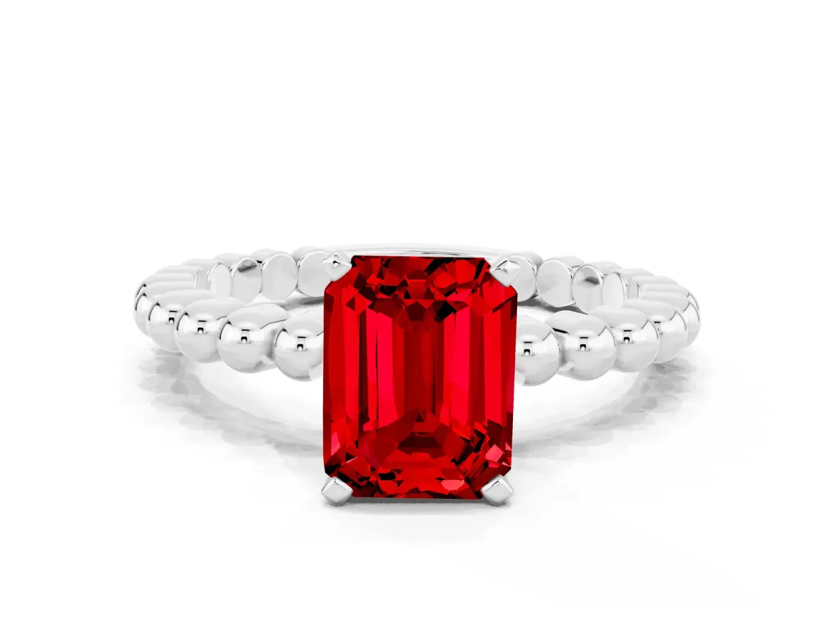 Emerald Cut Ruby Solitaire Ring with Beaded Band and Prong Setting Silver