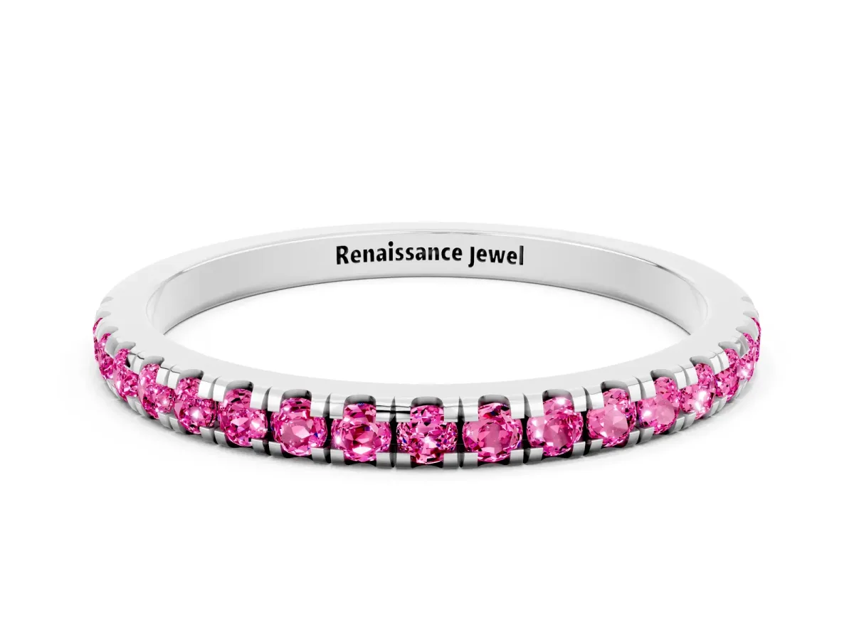 Pavé Round Pink Sapphire Half Eternity Band with Shared Prong Setting Silver