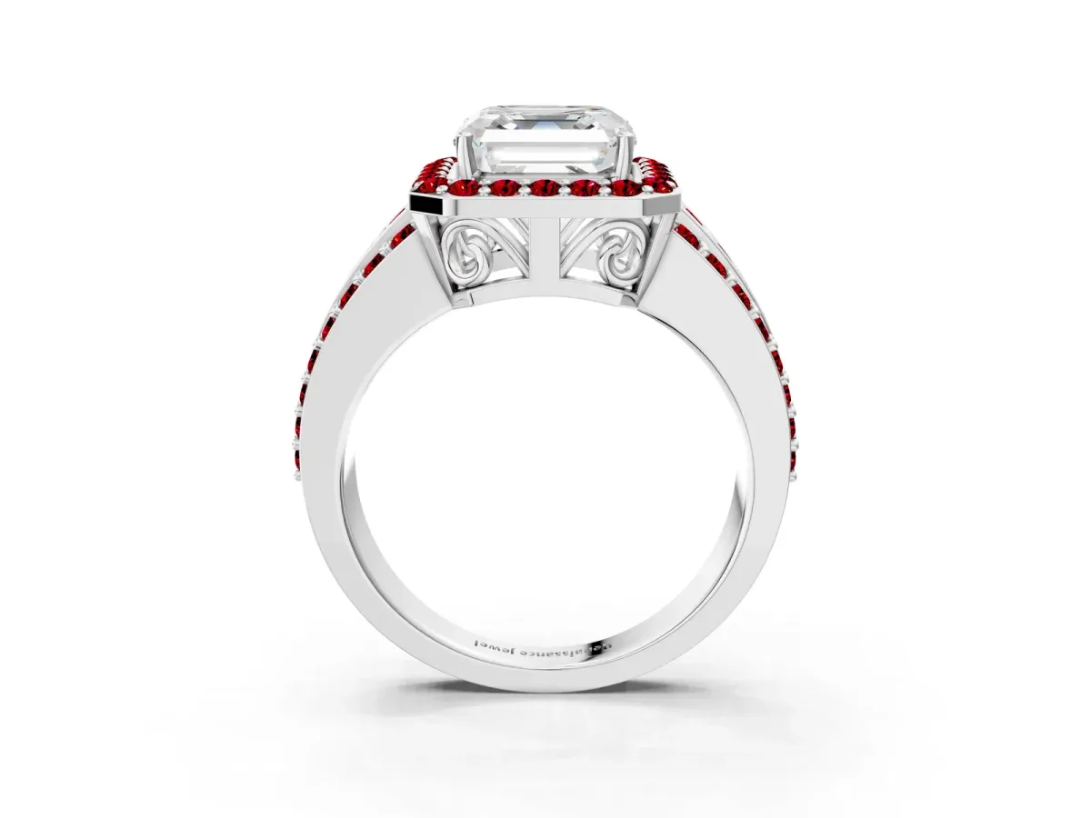 Asscher Cut Halo Diamond Ring with Round Ruby Split Shank and Prong Setting Platinum
