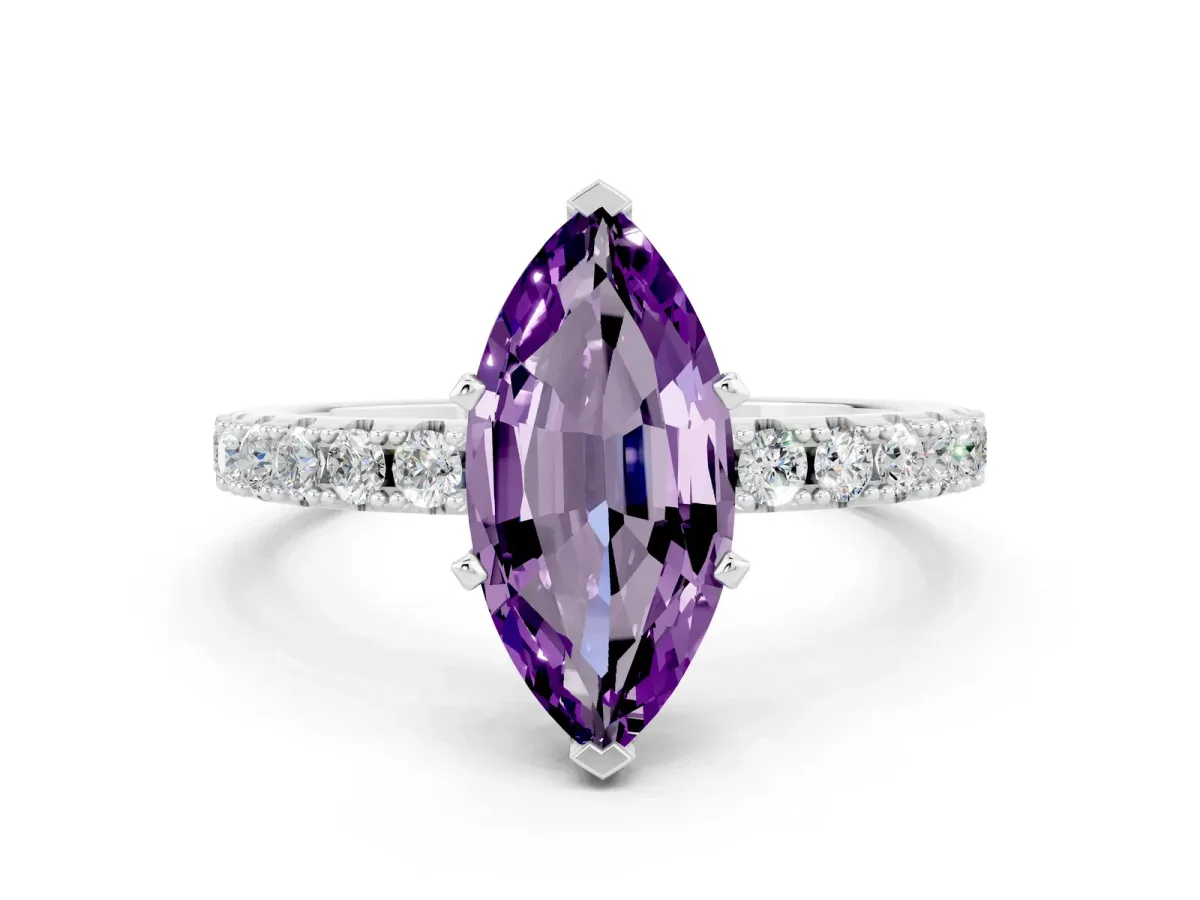 Marquise Cut Amethyst Solitaire Pavé Band with Four-Prong Setting Platinum
