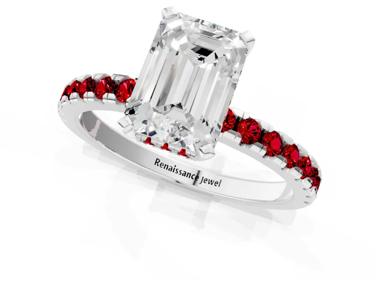 Emerald Cut Diamond Solitaire Ring with Round Ruby Pavé Band and Four-Prong Setting Platinum