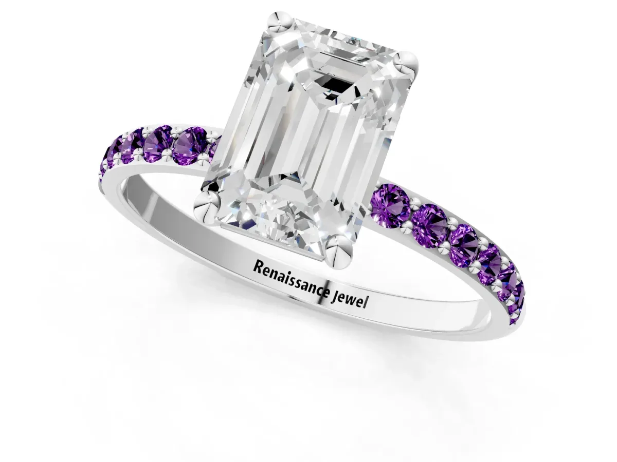 Emerald Cut Diamond Solitaire Ring with Round Amethyst Pavé Band and Prong Setting Platinum