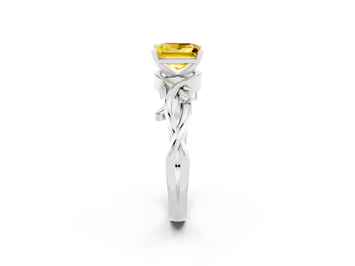 Princess Cut Yellow Sapphire Solitaire Ring with Twisted Band and Prong Setting Silver