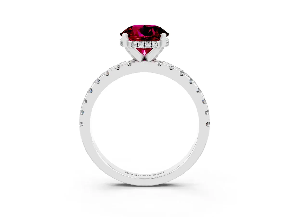 Round Cut Garnet Solitaire Ring with Round Pavé Band and Four-Prong Setting Silver