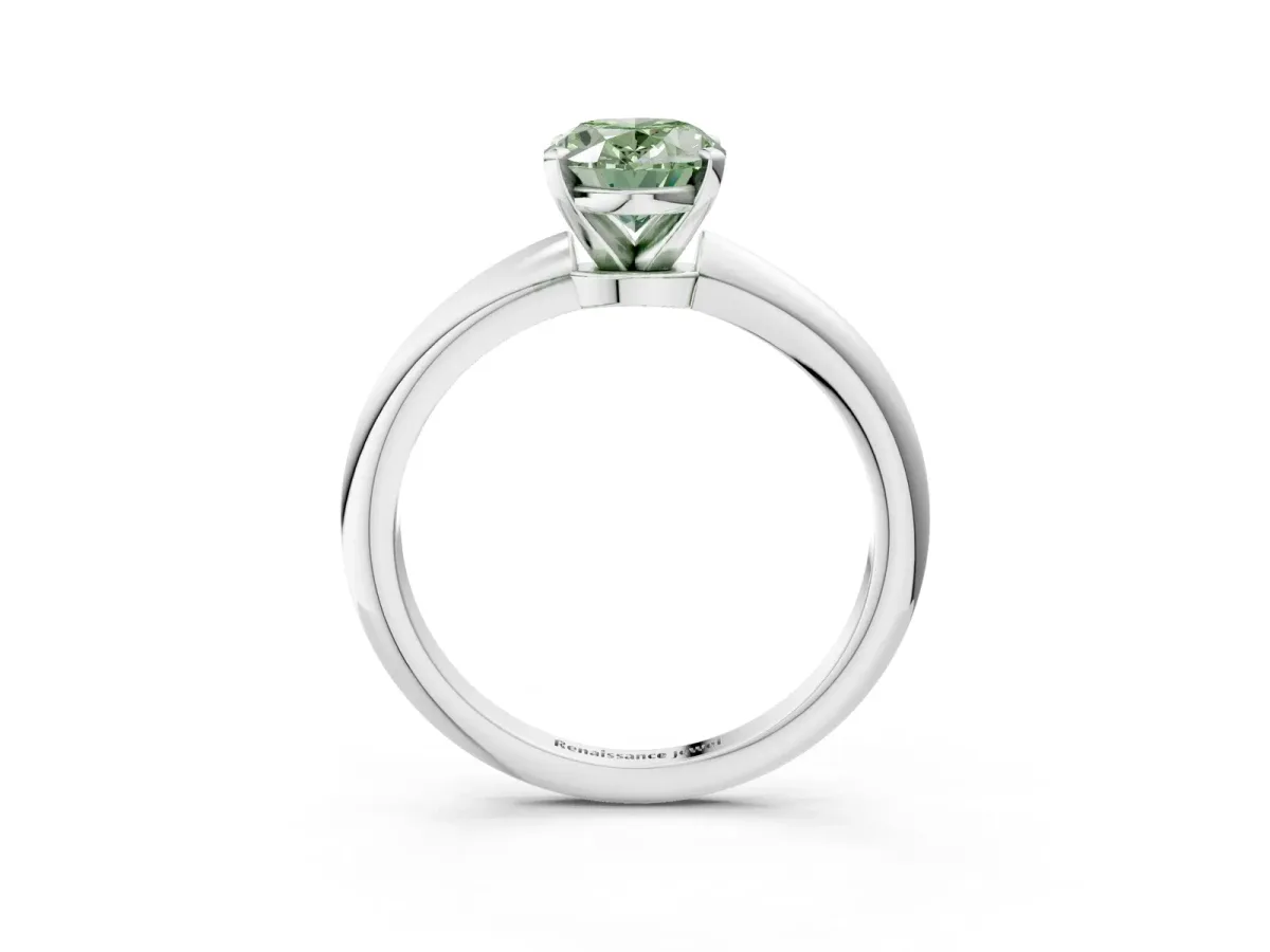 Fancy Green Oval Cut Diamond Solitaire Ring with Six-Prong Setting and Classic Band Silver