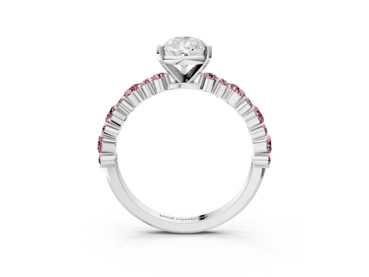 Pear Cut Diamond Side Stone Solitaire Ring with Round Morganite and Four-Prong Setting White gold