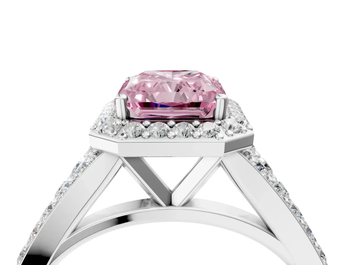 Fancy Pink Radiant Cut Diamond Split Shank Halo Ring with Four-Prong Setting Platinum