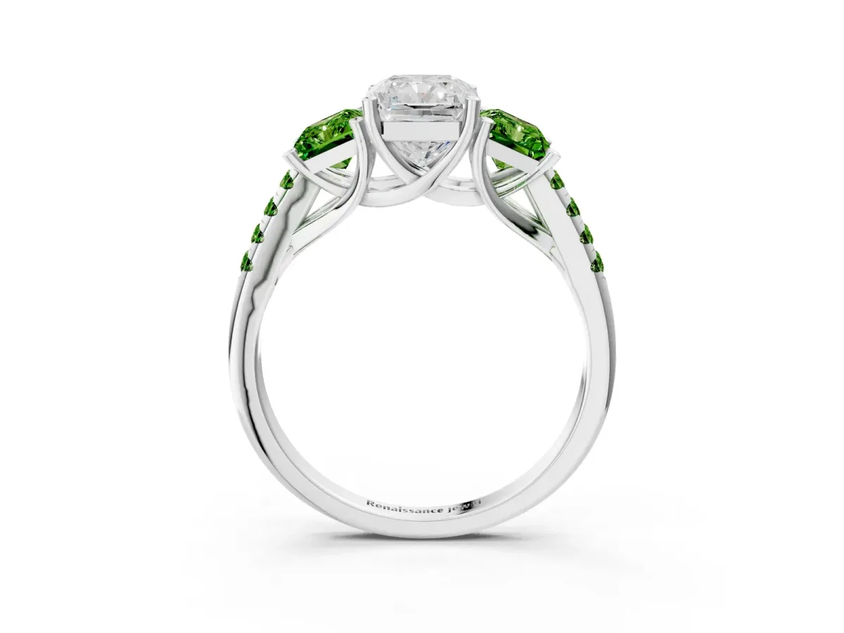 Three-Stone Radiant Cut Diamond Ring with Round Peridot Pavé Band and Prong Setting Silver