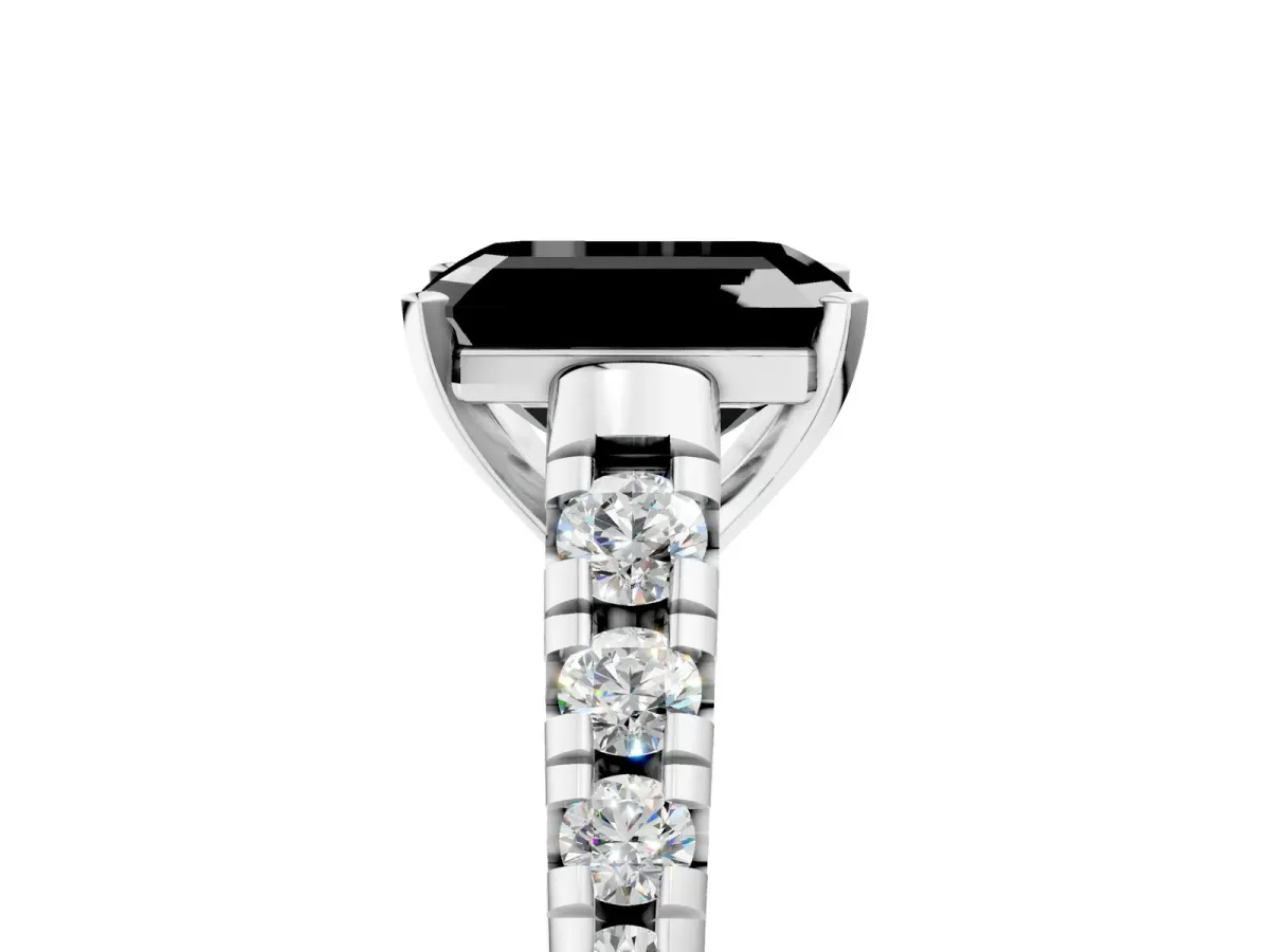 Fancy Black Emerald Cut Diamond Cathedral Solitaire Ring with Round Pavé Band Silver