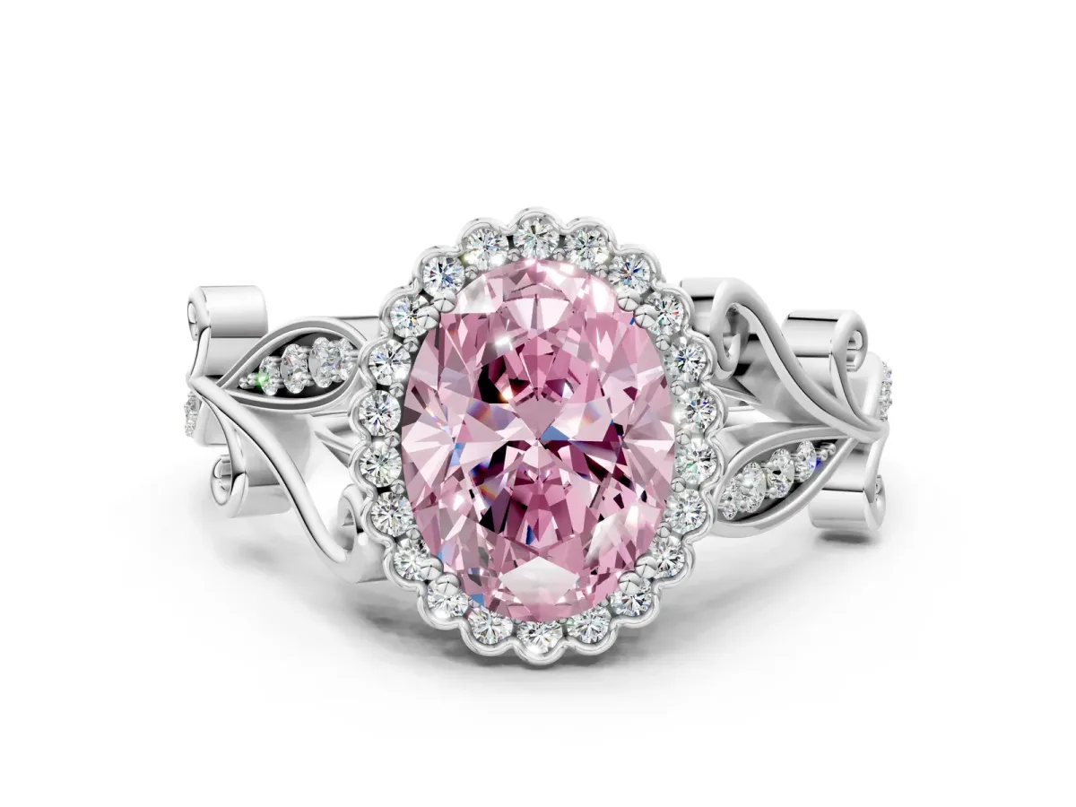 Fancy Pink Oval Cut Diamond Halo Ring with Vintage Split Shank and Four-Prong Setting Silver