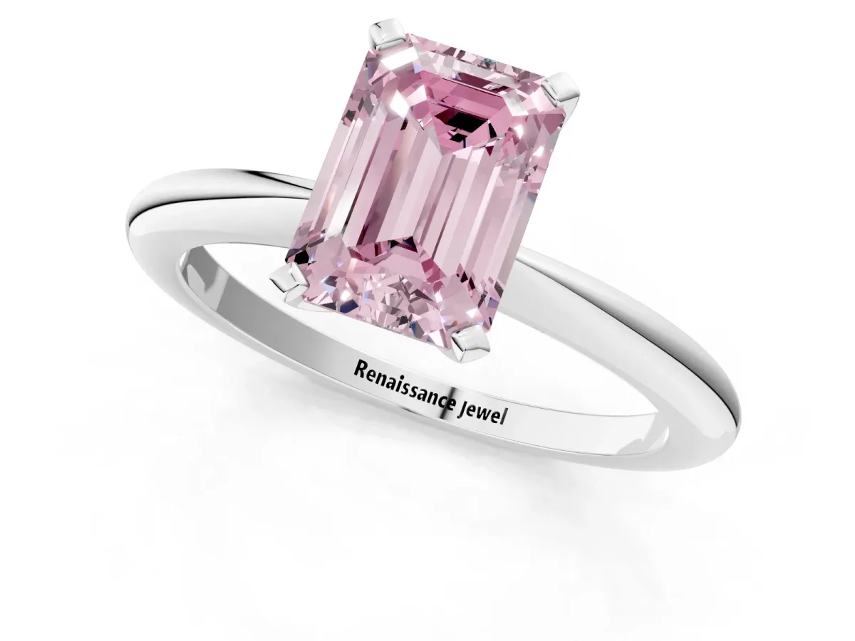 Fancy Pink Emerald Cut Diamond Solitaire Ring with Six-Prong Setting and Classic Band Silver