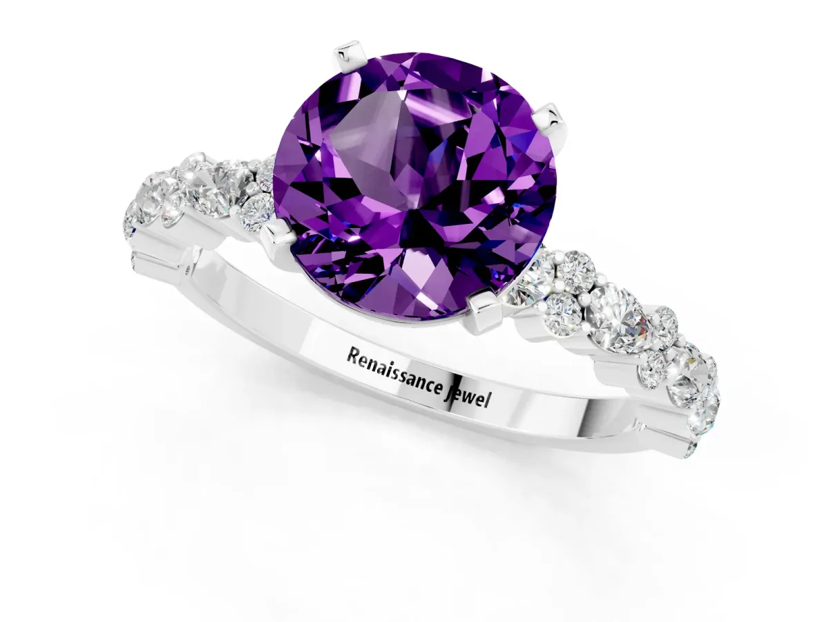 Round Cut Amethyst Side Stone Solitaire Ring with Round and Four-Prong Setting Platinum