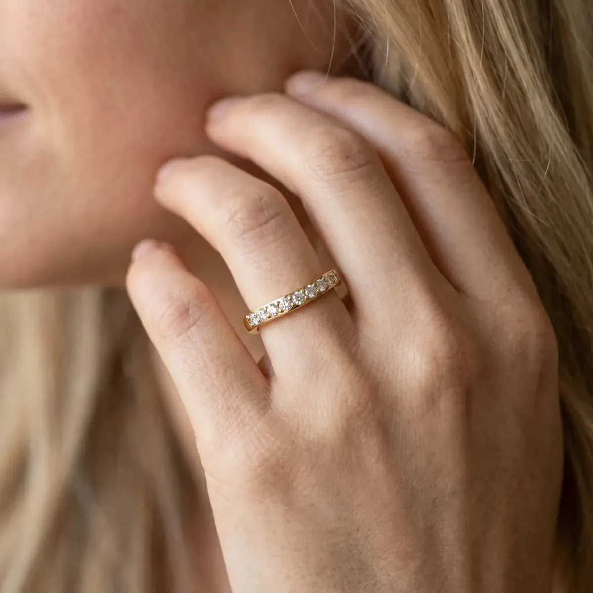 Round Diamond Curved Wedding Band with Channel Setting Yellow gold