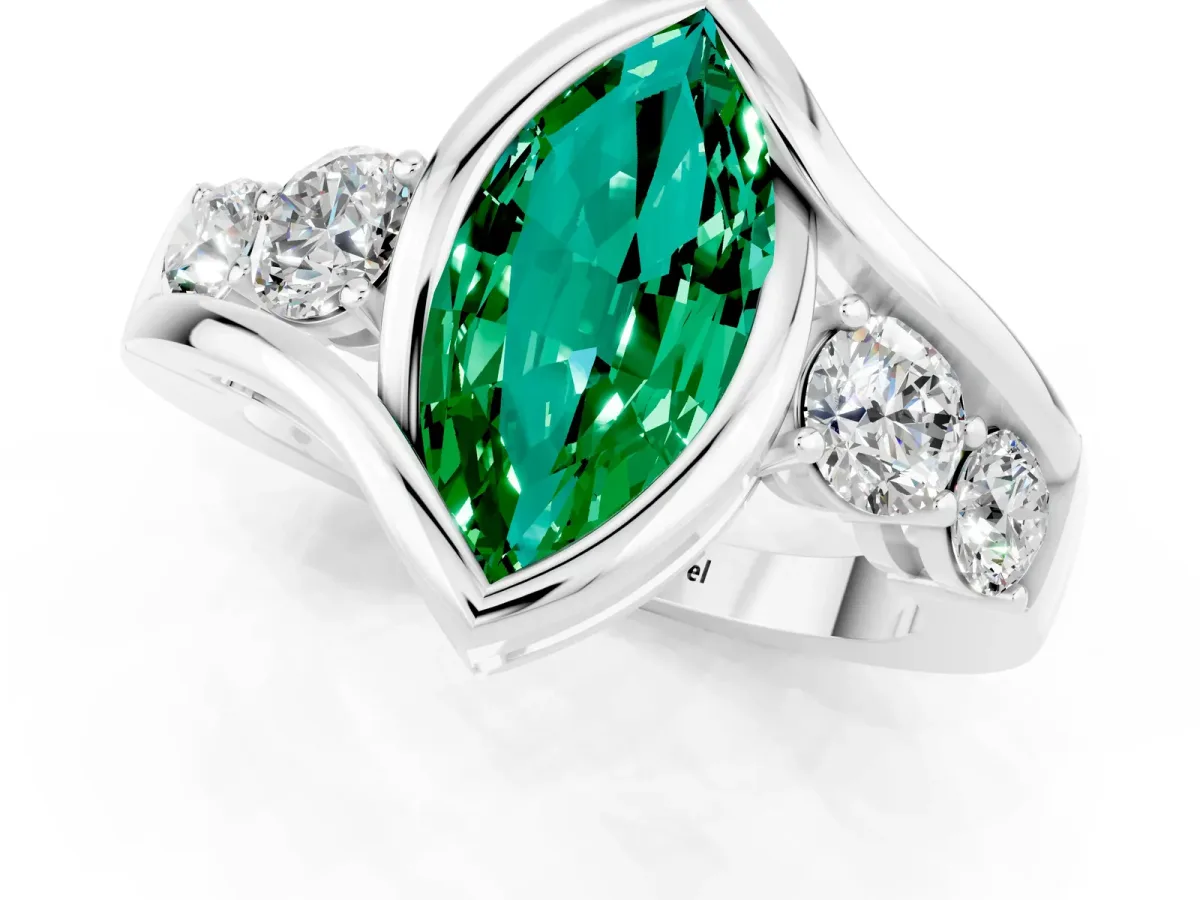 Bezel Set Marquise Cut Emerald Bypass Ring with Round Accents Silver