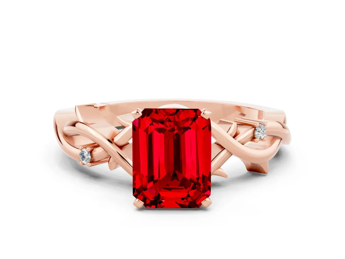 Emerald Cut Ruby Solitaire Ring with Twisted Band and Prong Setting Rose gold