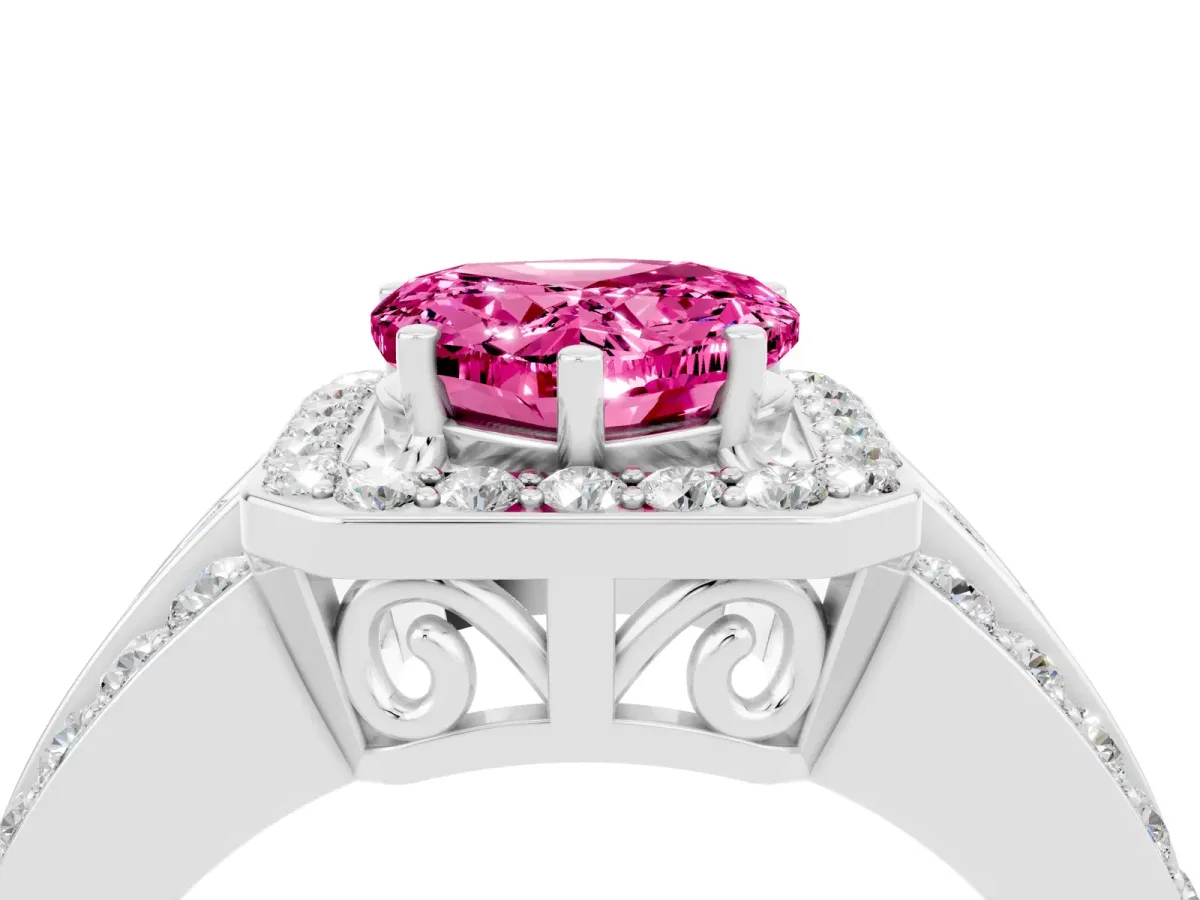 Heart Cut Halo Pink Sapphire Ring with Round Split Shank and Prong Setting Silver