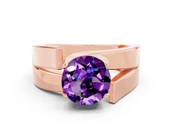 Modern Tension Set Round Cut Amethyst Solitaire Wide Band Ring Rose gold