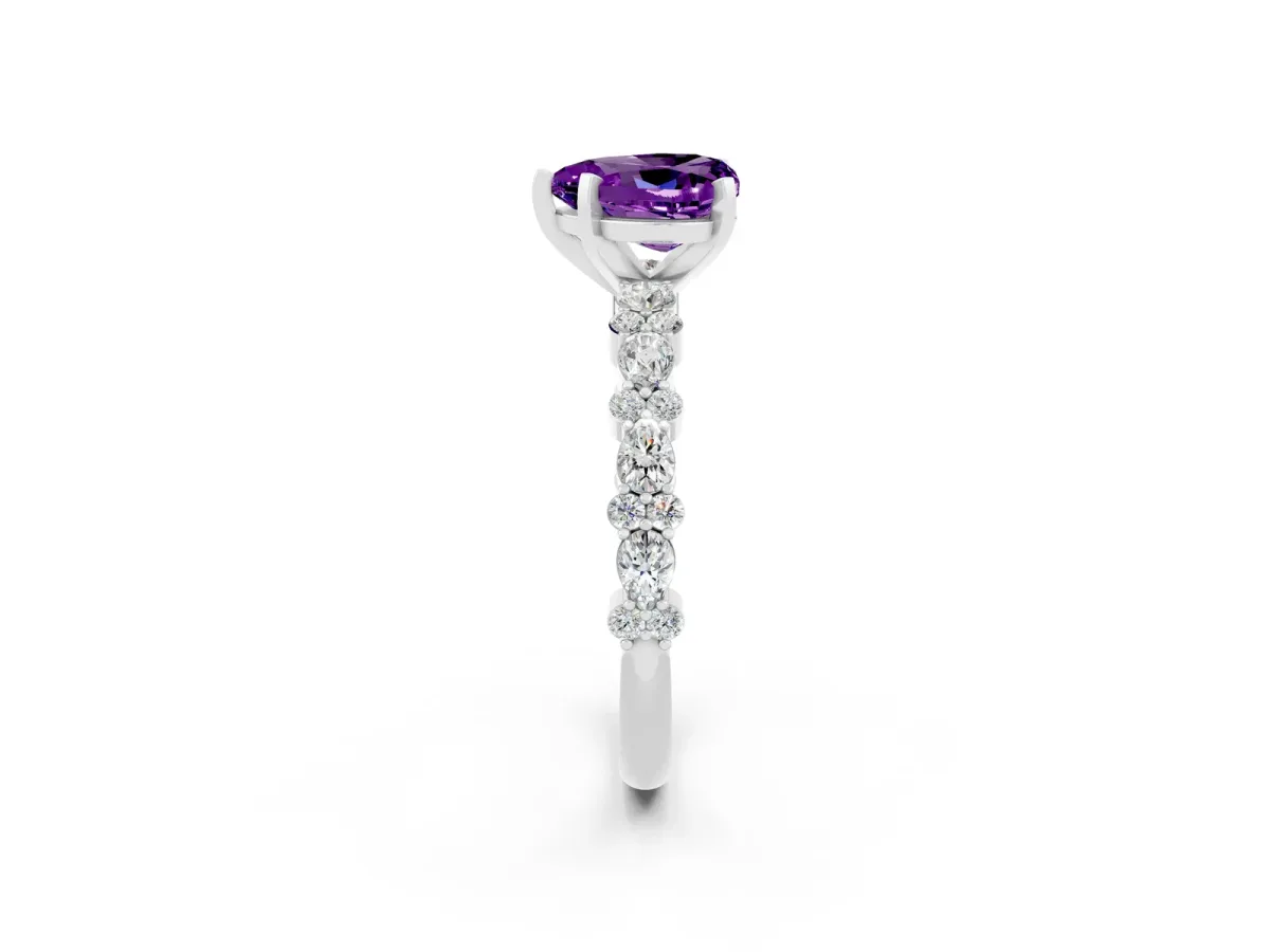 Heart Cut Amethyst Side Stone Solitaire Ring with Round and Four-Prong Setting Platinum