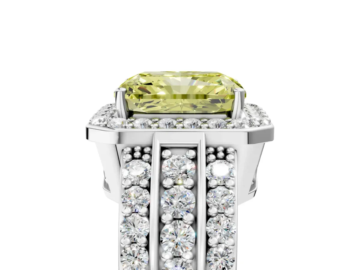Fancy Yellow Radiant Cut Halo Diamond Ring with Round Split Shank and Prong Setting Silver