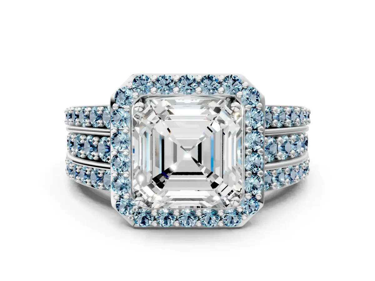 Asscher Cut Halo Diamond Ring with Round Aquamarine Split Shank and Prong Setting Silver