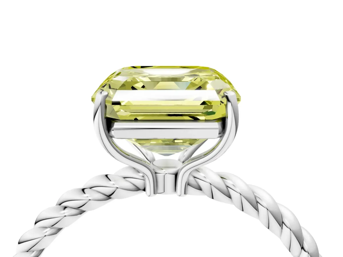 Fancy Yellow Asscher Cut Solitaire Twisted Band 4-Prong Ring Platinum