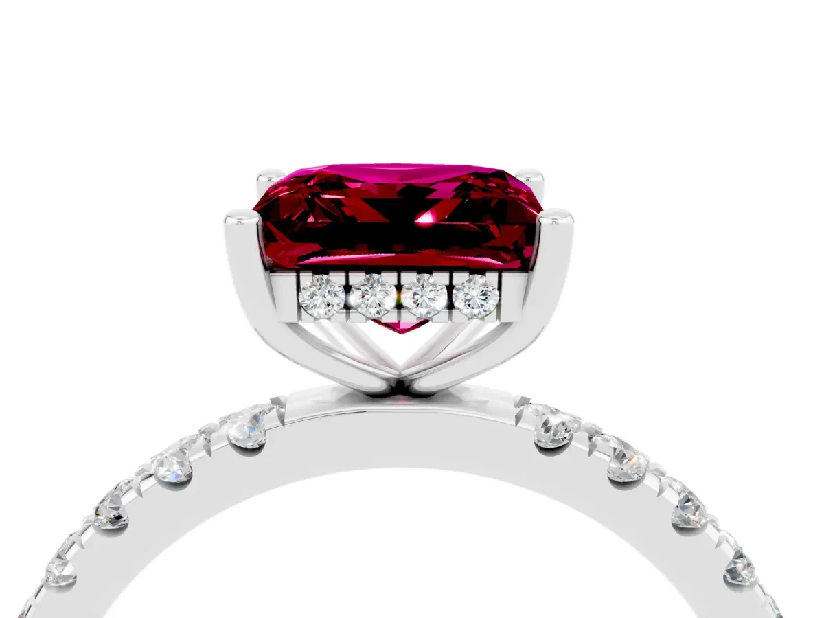 Princess Cut Garnet Pave Band Solitaire Ring with Round and Prong Setting Platinum