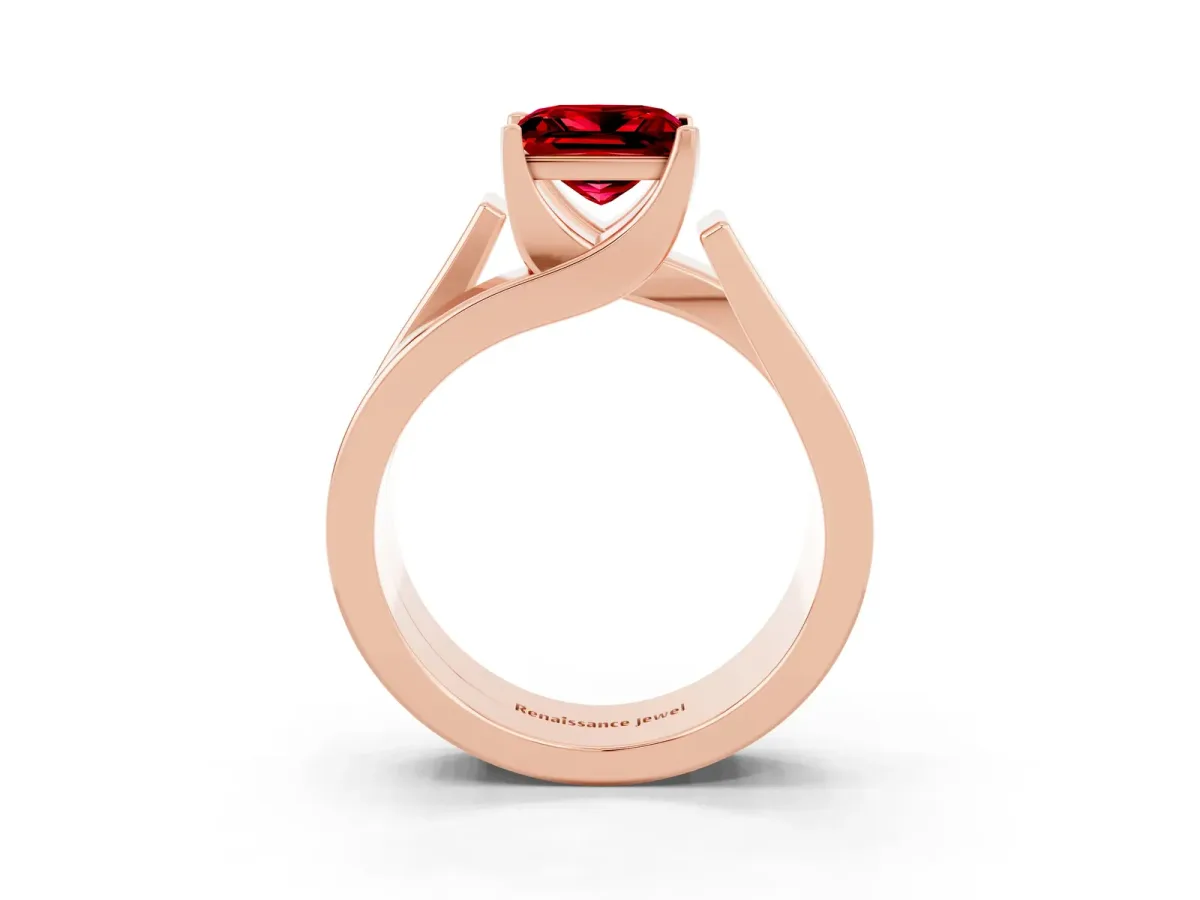 Modern Tension Set Princess Cut Ruby Solitaire Wide Band Ring Rose gold