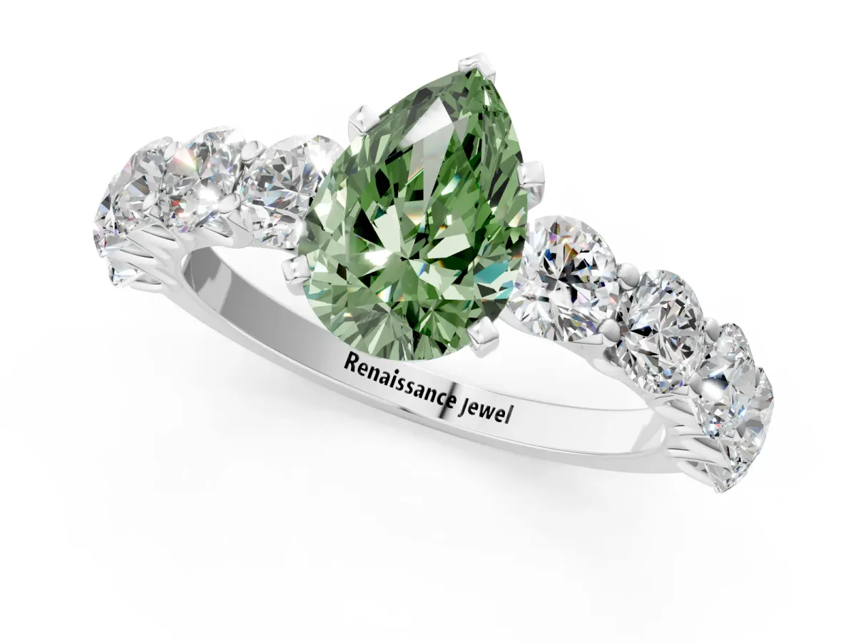 Fancy Green Pear Cut Diamond Prong Setting with Side Stones on a Pave Band Silver