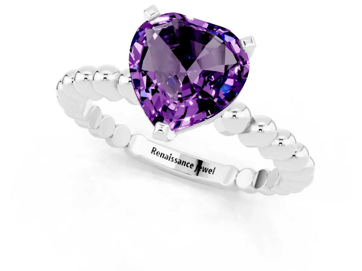Heart Cut Amethyst Solitaire Ring with Beaded Band and Prong Setting Platinum