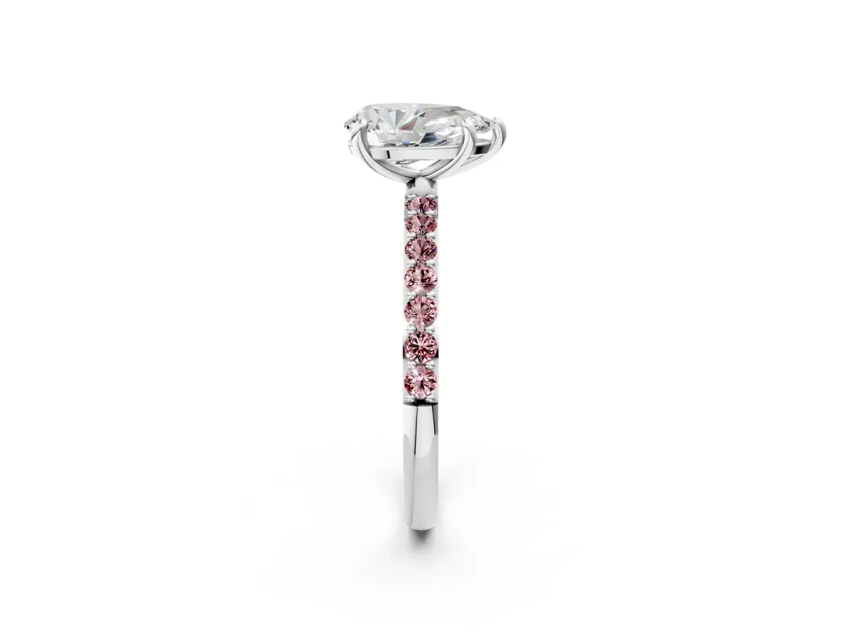 Pear Cut Diamond Solitaire Ring with Round Morganite Pavé Band and Prong Setting Silver
