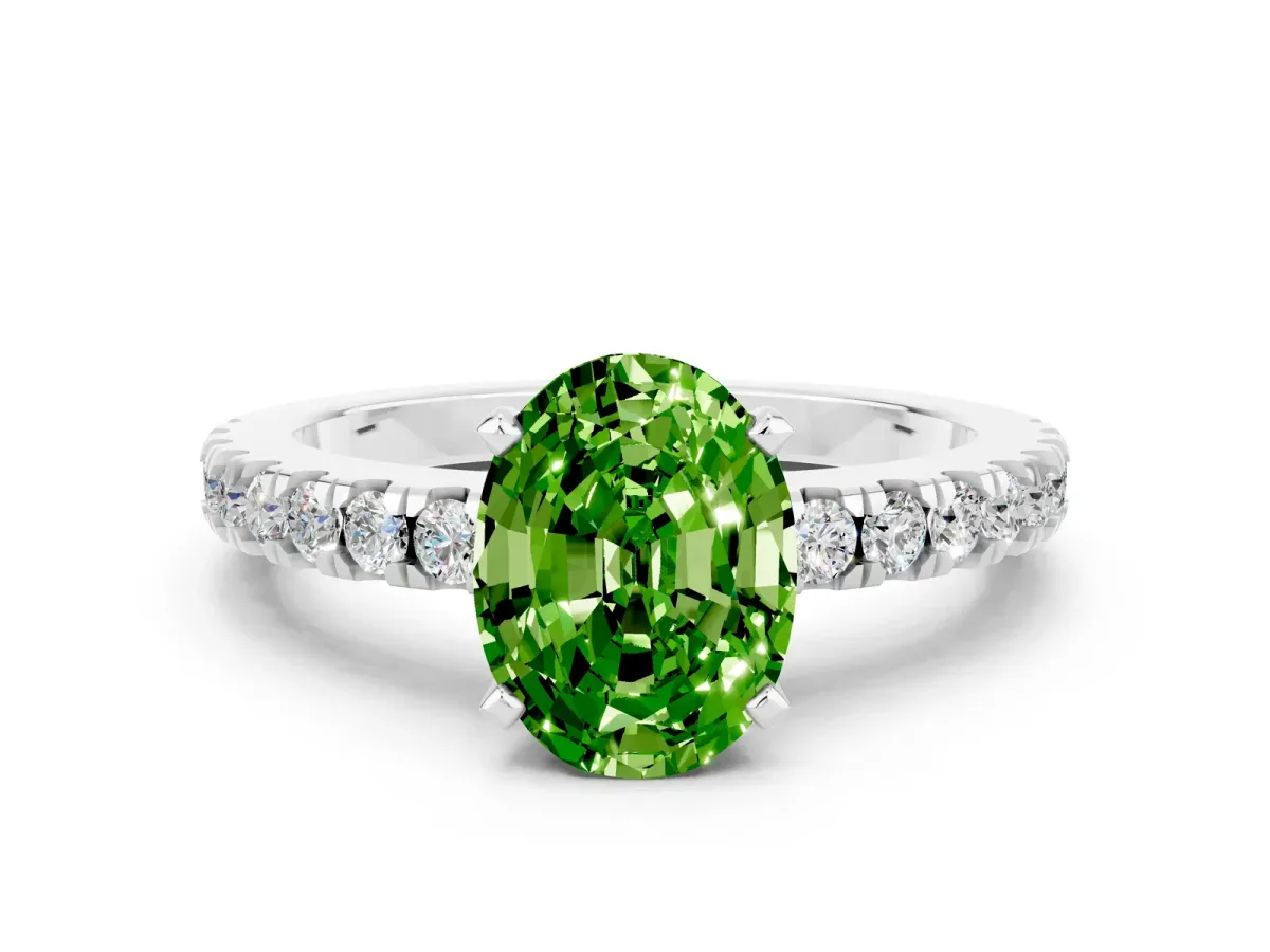 Oval Cut Solitaire Peridot with Pavé Band and Four-Prong Setting Platinum