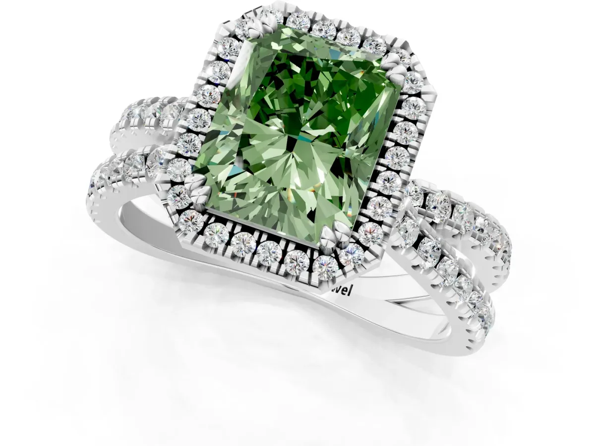 Fancy Green Radiant Cut Halo Split Shank Diamond Ring with Pavé Setting Platinum