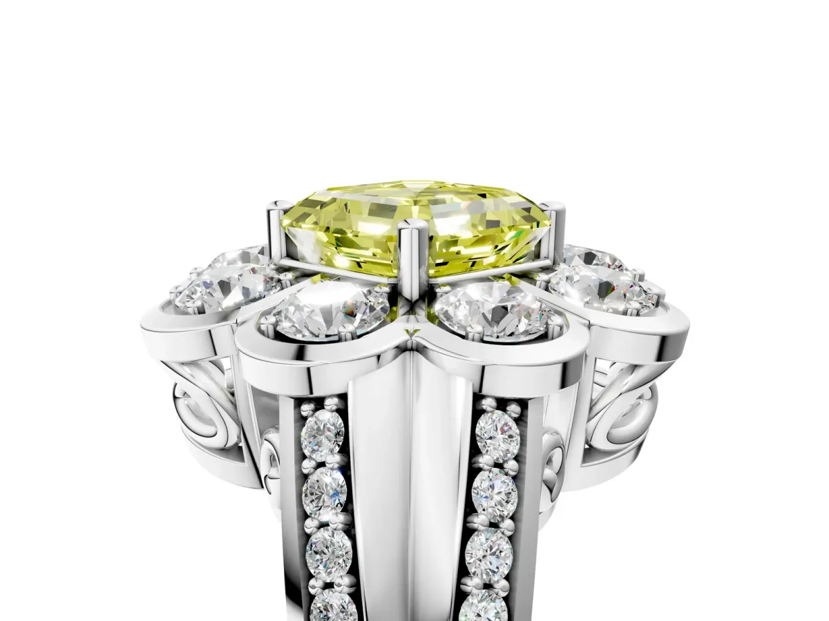 Fancy Yellow Asscher Cut Brilliant Flower Halo Diamond Split Shank Ring Platinum