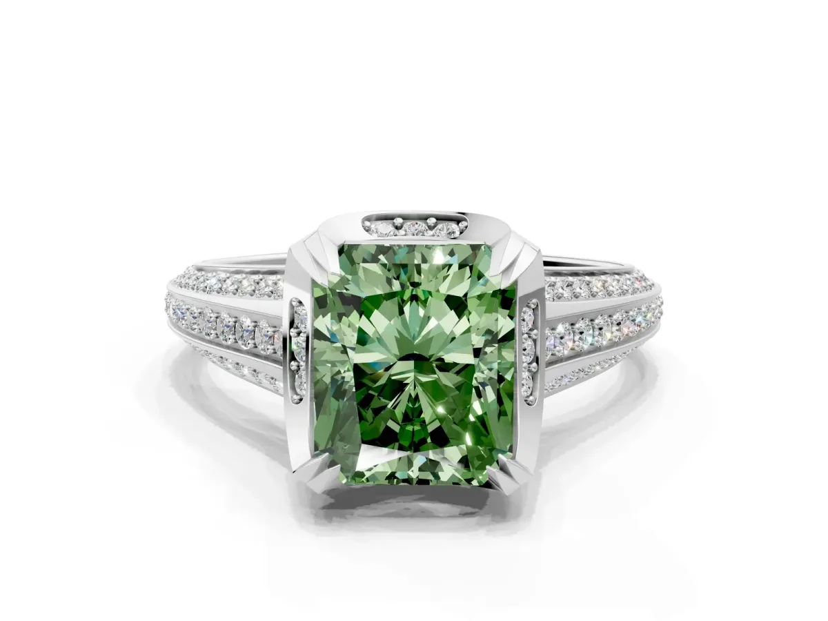 Fancy Green Radiant Cut Solitaire Pave Split Shank Ring with Four-Prong Setting Platinum