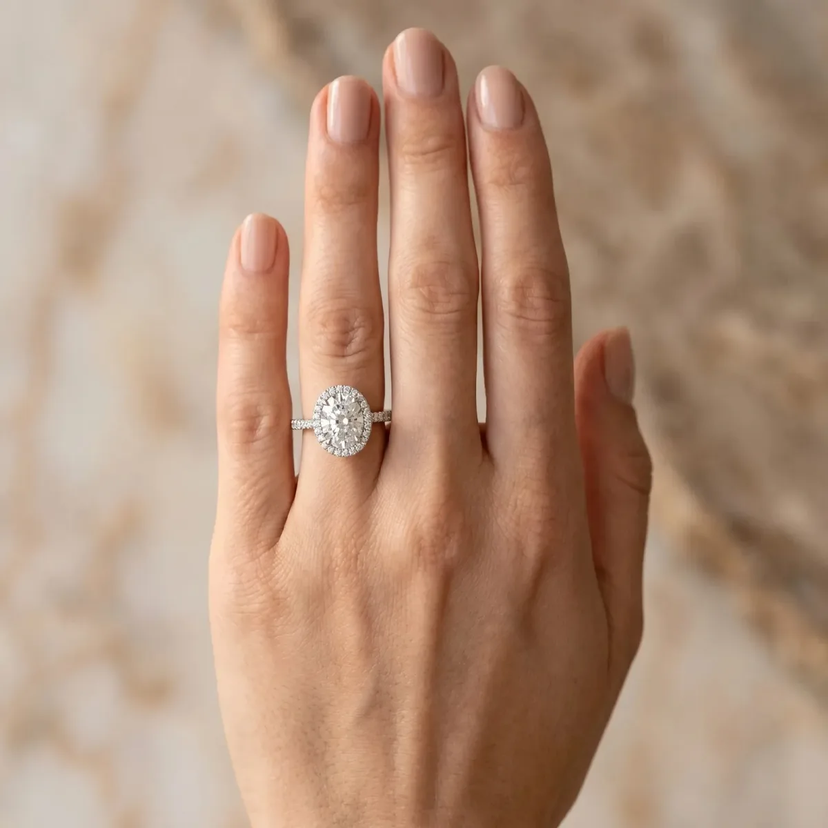 Oval Cut Diamond Bezel Halo Ring with Plain Band Silver