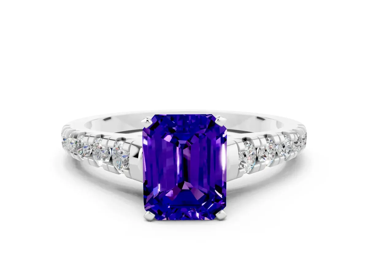 Emerald Cut Tanzanite Cathedral Solitaire Ring with Round Pavé Band Silver