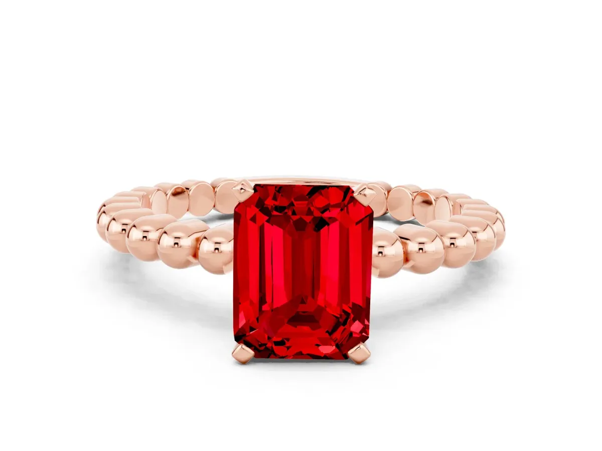 Emerald Cut Ruby Solitaire Ring with Beaded Band and Prong Setting Rose gold