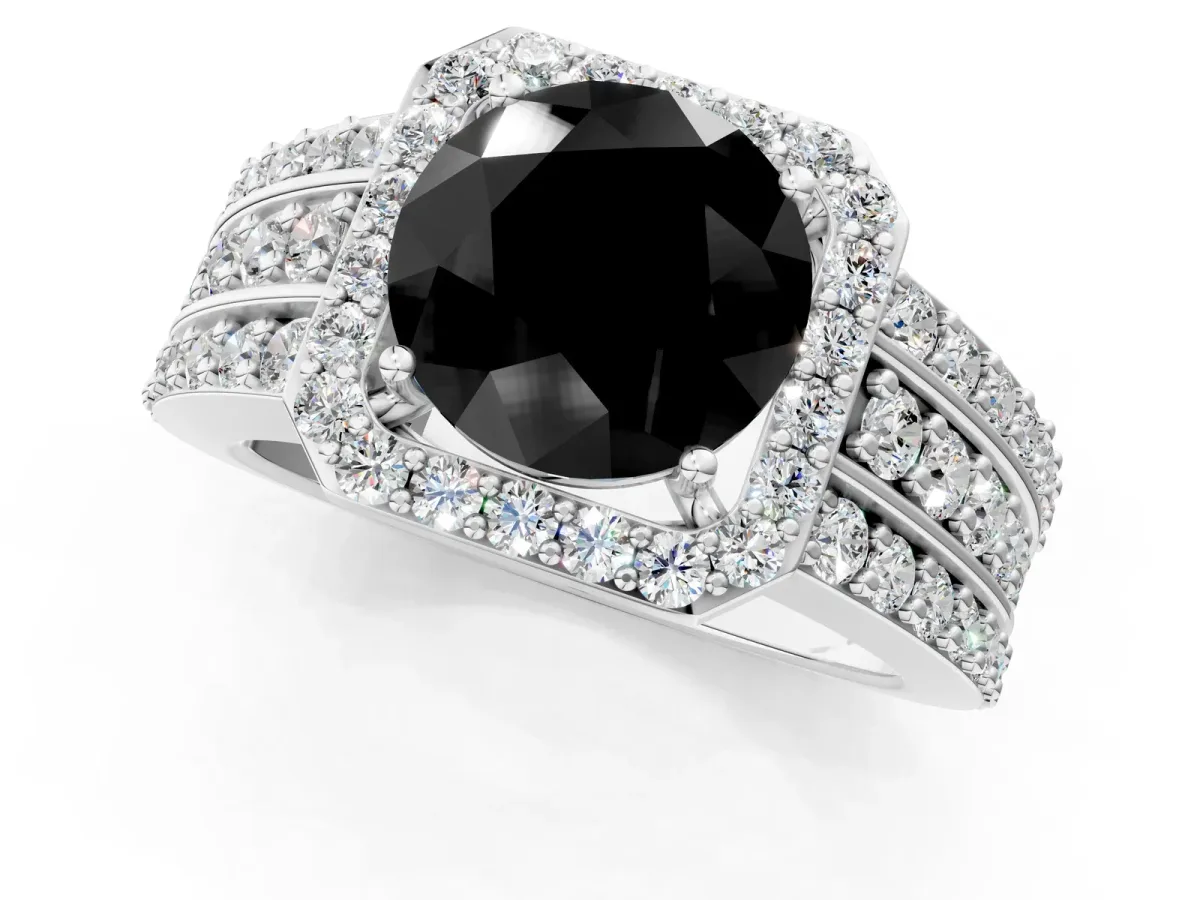Fancy Black Round Cut Halo Diamond Ring with Round Split Shank and Prong Setting Platinum