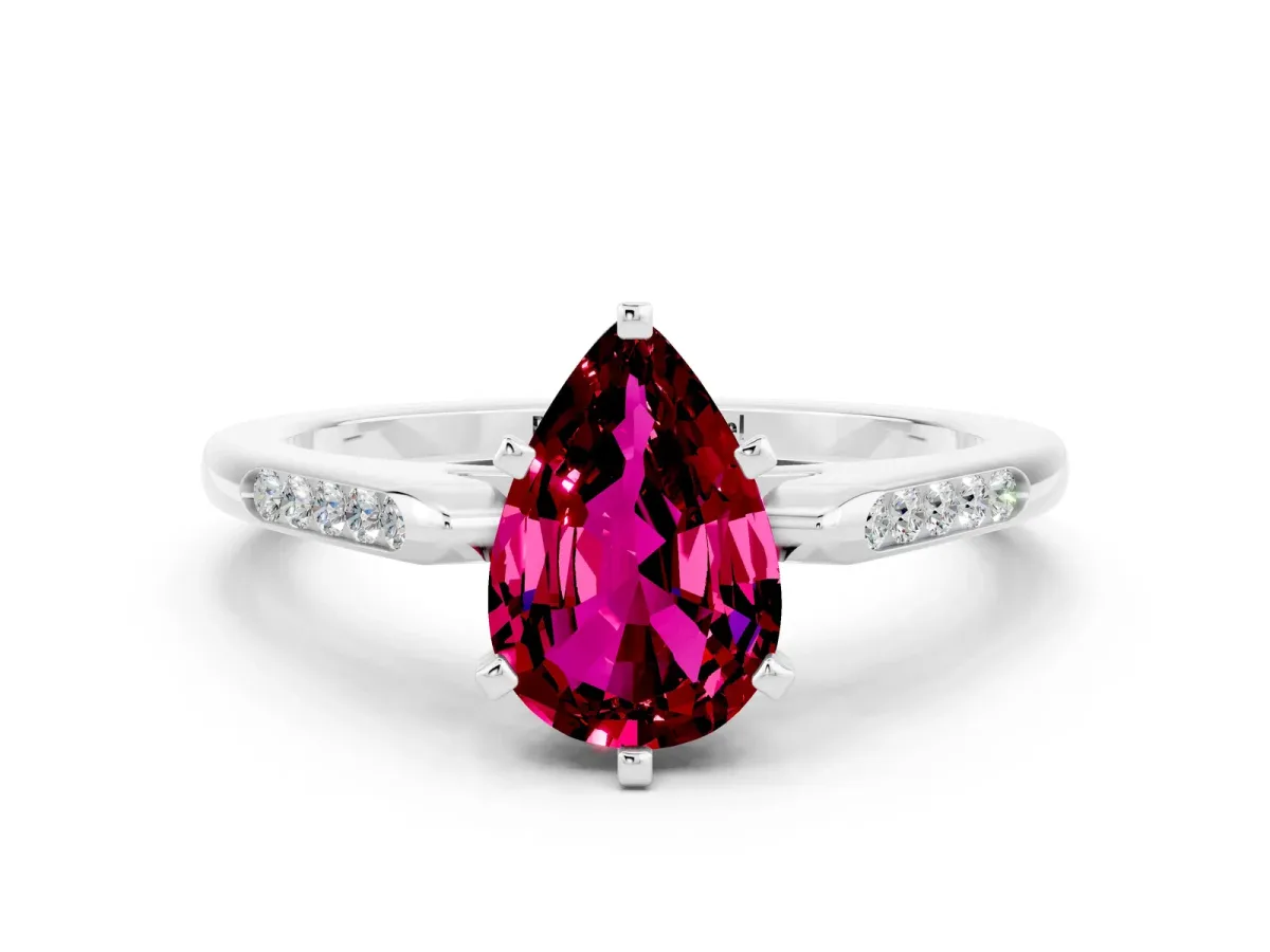 Pear Cut Garnet Solitaire Ring with Channel Set Round Band and Prong Setting Platinum