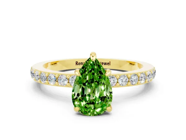 Pear Cut Peridot Solitaire Engagement Ring with Pavé Band and Four-Prong Setting Yellow gold