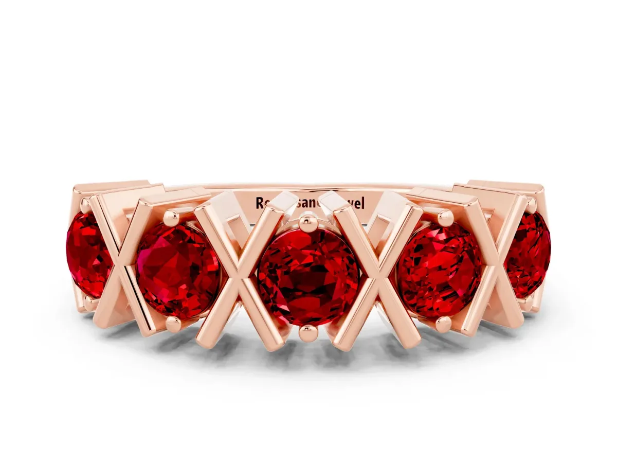 Round Ruby Channel Set Band with X-Prong Detail Rose gold