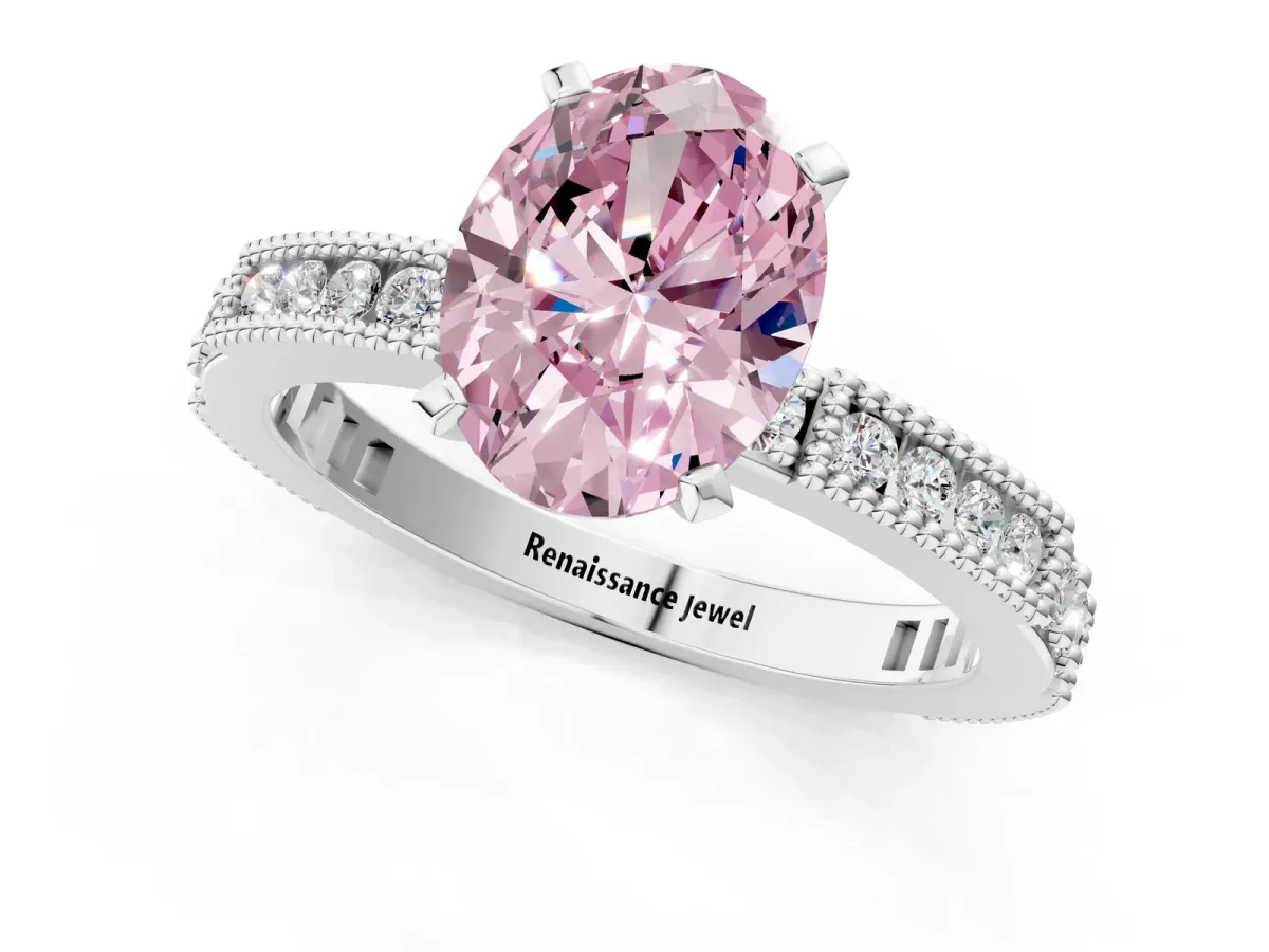 Fancy Pink Oval Cut Solitaire with Pavé Band and Four-Prong Setting Silver
