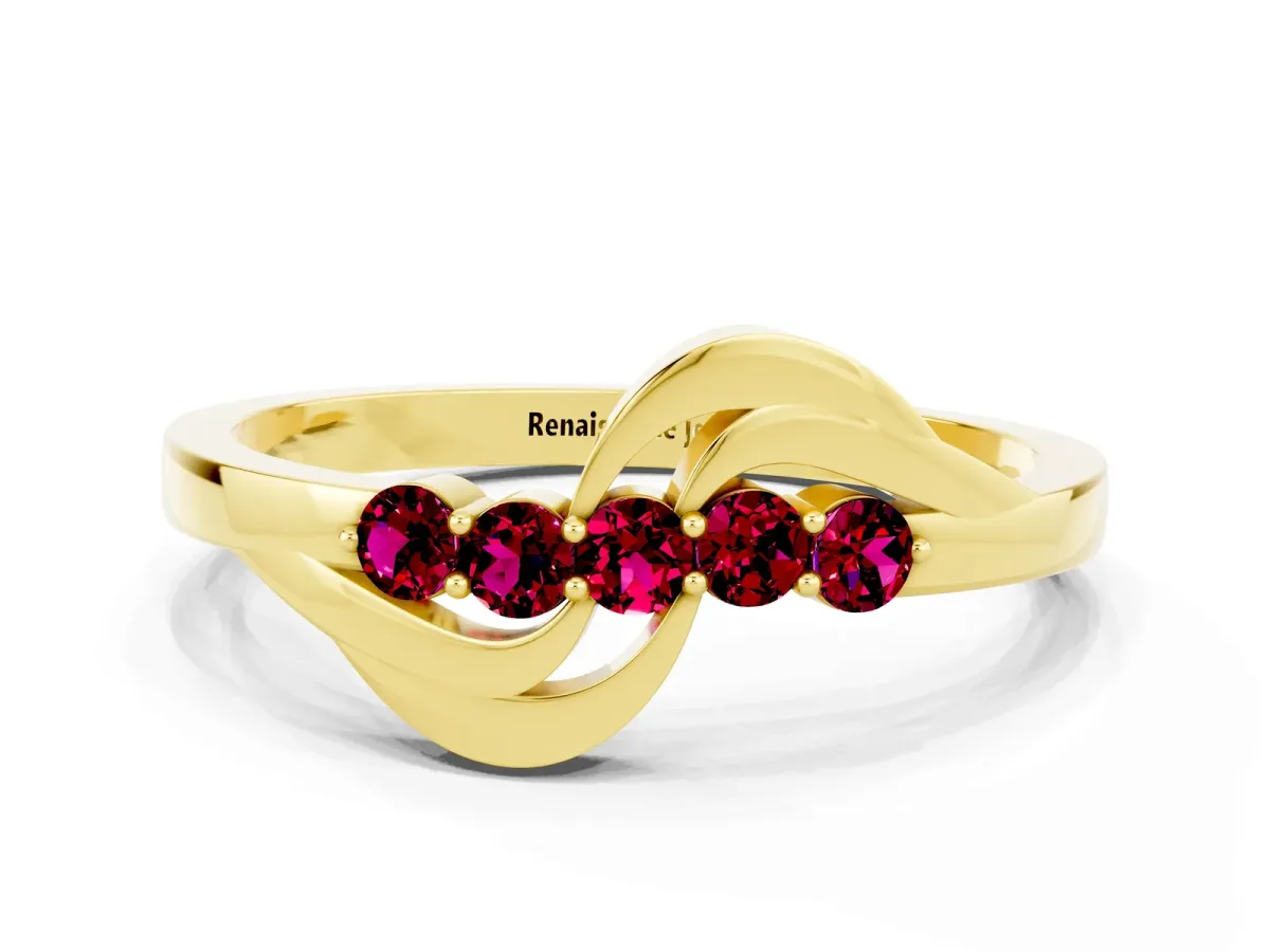 Five-Stone Round Garnet Crossover Band with Prong Setting Yellow gold