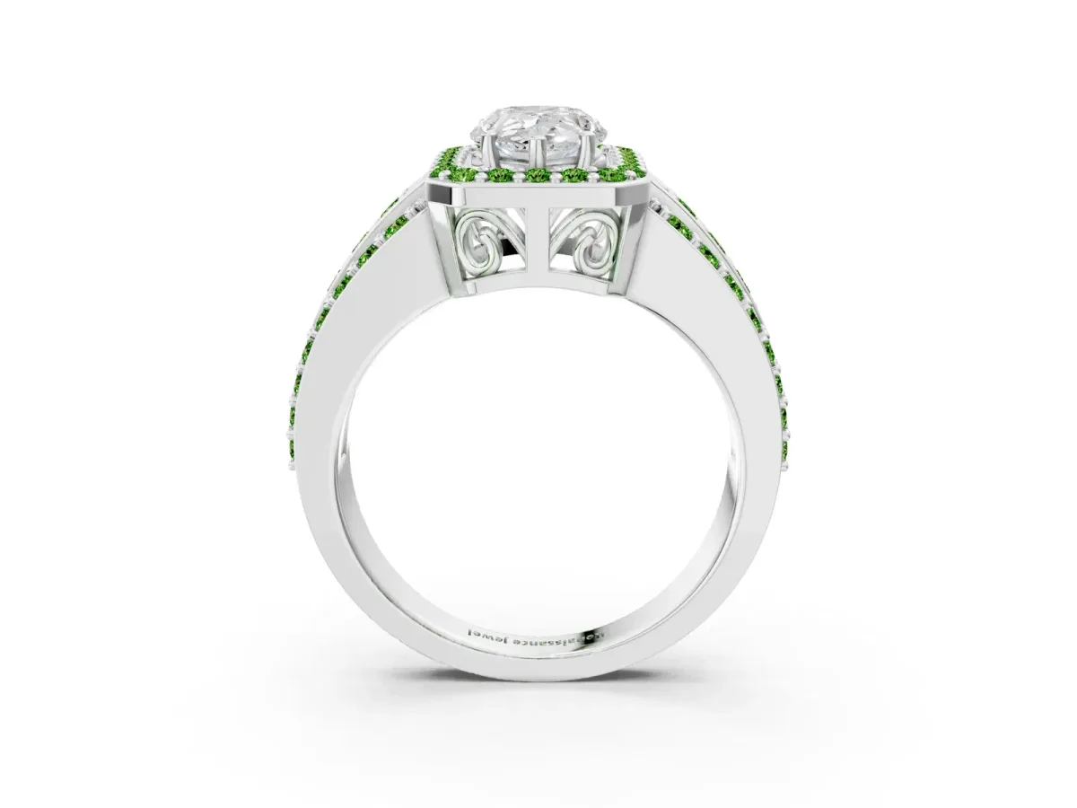 Pear Cut Halo Diamond Ring with Round Peridot Split Shank and Prong Setting Platinum